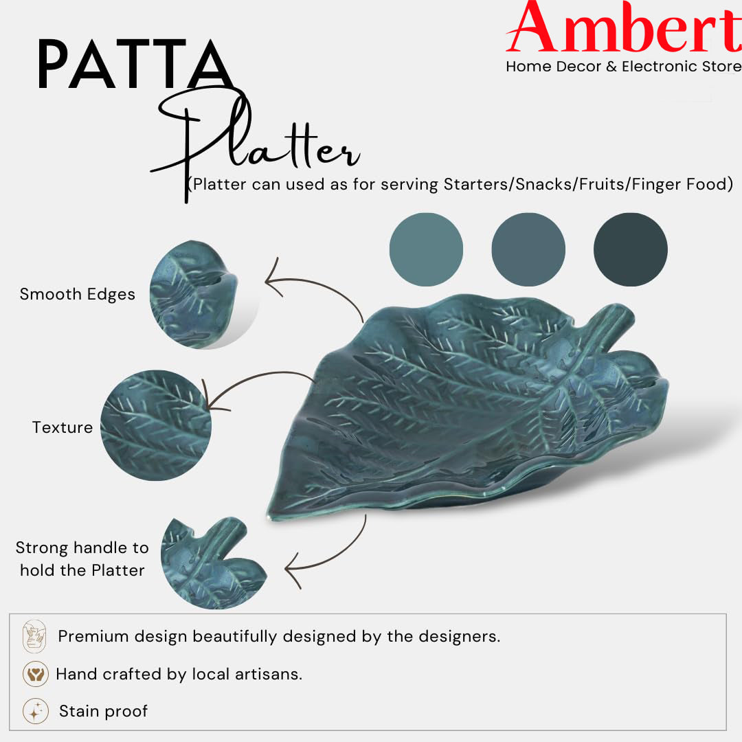 Ambert Green Ceramic Leaf Shaped Snacks Serving Tray, Microwave & Dishwasher Safe