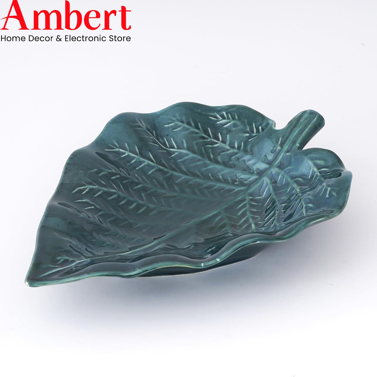 Ambert Green Ceramic Leaf Shaped Snacks Serving Tray, Microwave & Dishwasher Safe