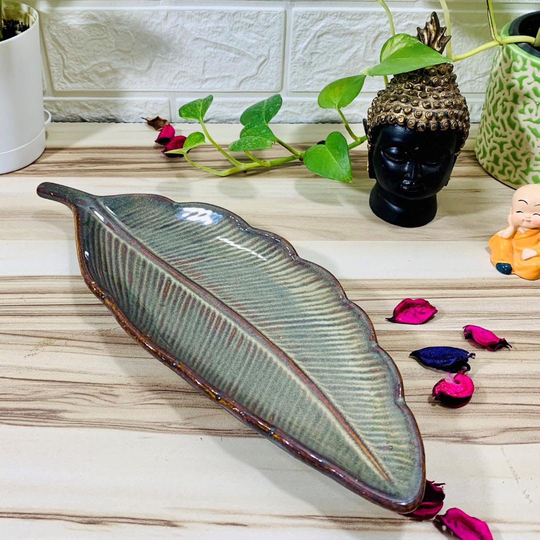 Ambert Green Leaf Shaped Ceramic Platter, Microwave & Dishwasher Safe, 1 Pack