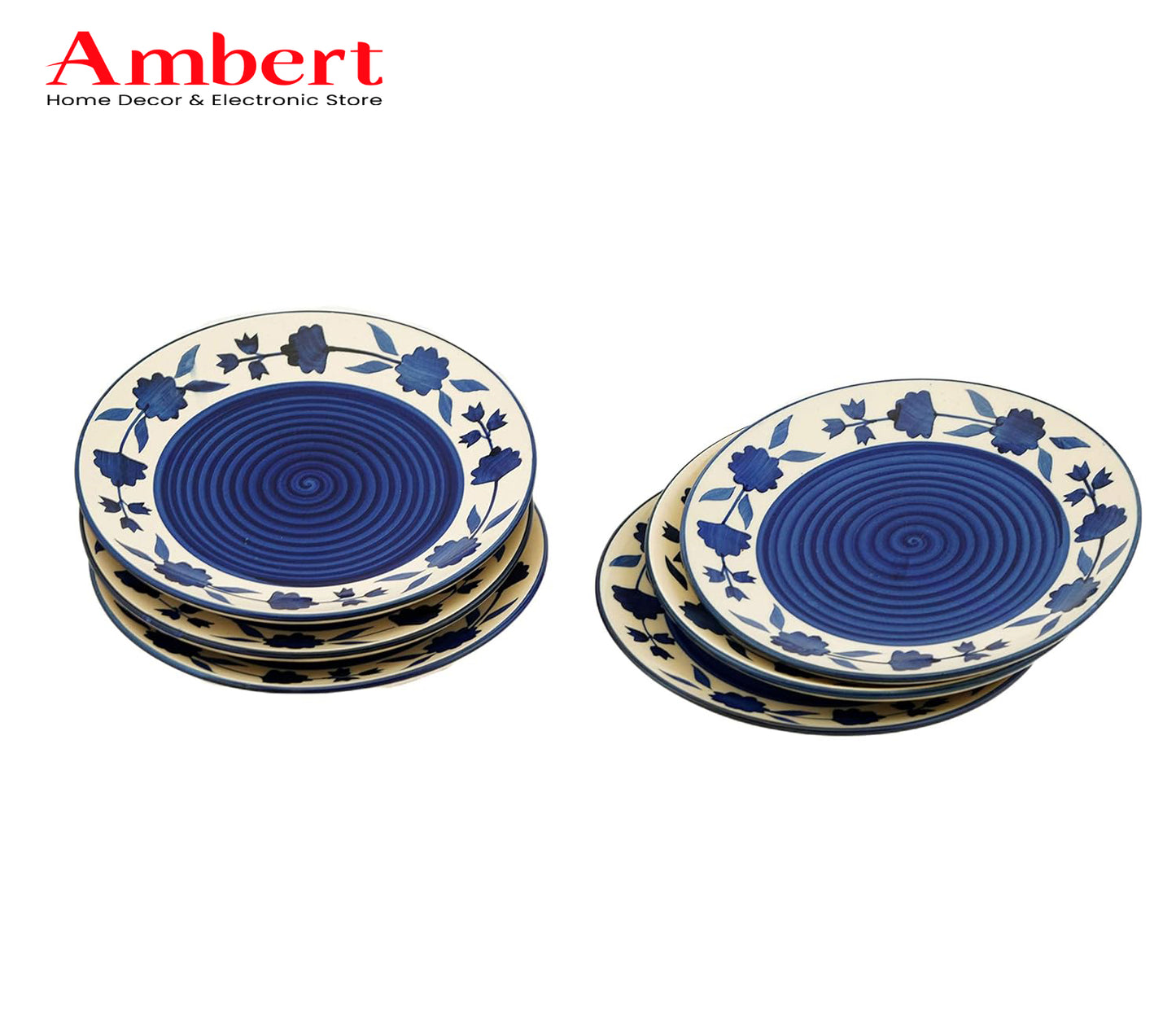 Ambert Floral Pattern Ceramic 7-Inch Plates, Set of 6, Microwave & Dishwasher Safe