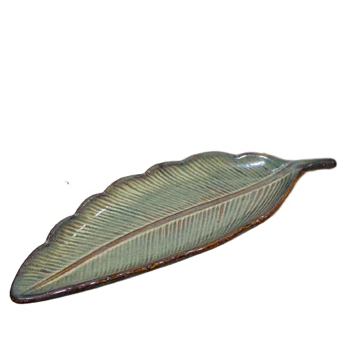 Ambert Green Leaf Shaped Ceramic Platter, Party Snacks Platter, Serving Plate, Kitchen & Table Top Snack Serving Platter, Microwave Safe and Dishwasher Safe, Set of -1)