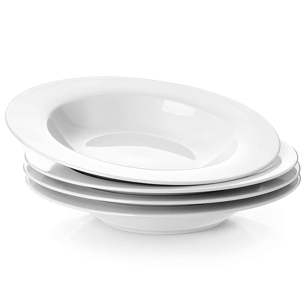 Ambert Deep Plate Plain, Snow White, 8 inch Pasta, Soup, Rice, Gravy Plate Opal glass Pack of 4