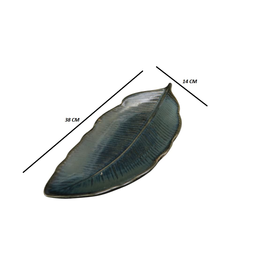 Ambert Sky Blue 15-Inch Ceramic Leaf Platter Set of 2, Microwave & Dishwasher Safe