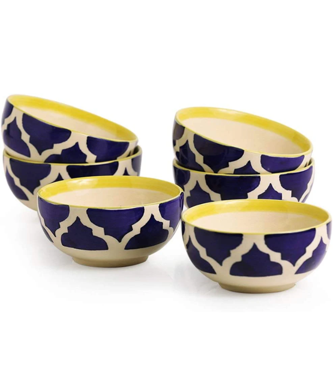 Ambert Ceramic Hand Painted Dessert Bowls - 200ml, Pack of 6 Pieces, Blue Chidi