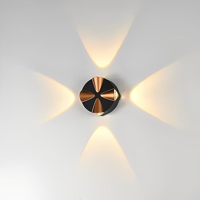 Ambert LED Indoor/Outdoor Majestic Diamond Black Gold Wall Light, Warm White Light, IP-65. Round, 4 Way Lights