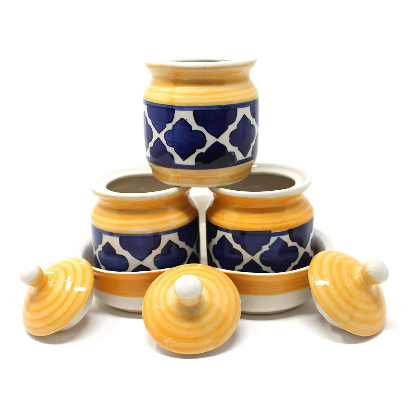 Ambert Ceramic Jar With Tray Set of 3Pcs Hand Made Ceramic Pickle Jar Multicolor
