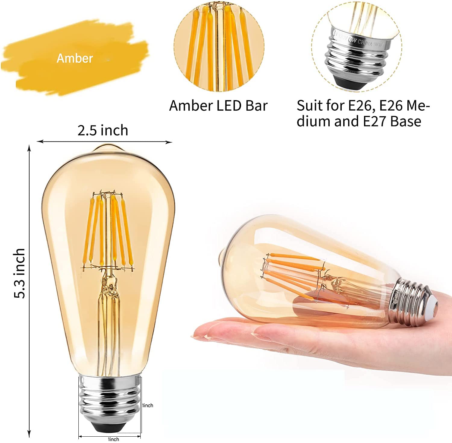 ST64 4W E27 E26 Base Led Filament Bulbs Edison Antique Bulb Amber Color Pack of 2