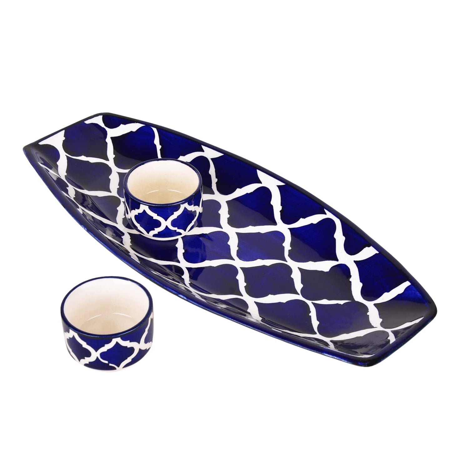 Ambert Hand-Painted Ceramic Serving Platter with 2 Dip Bowls, Kebab Platter