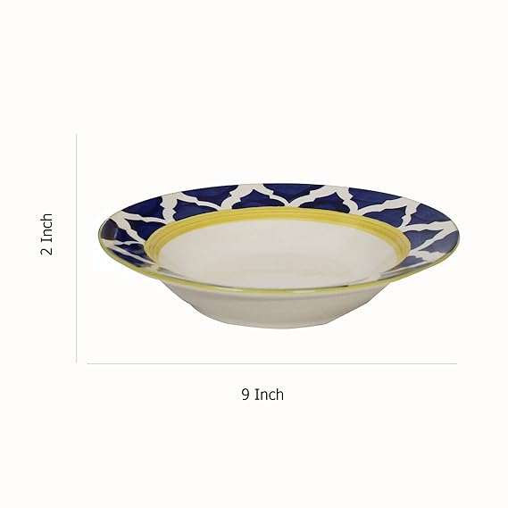 Ambert Ceramic Stoneware Hand-Painted Serving Deep Pasta Plate, Soup Plate, Maggi Plate, Snack Plate 9 Inches with Blue Umarov Pattern Microwave Safe, Oven Safe Set of 6