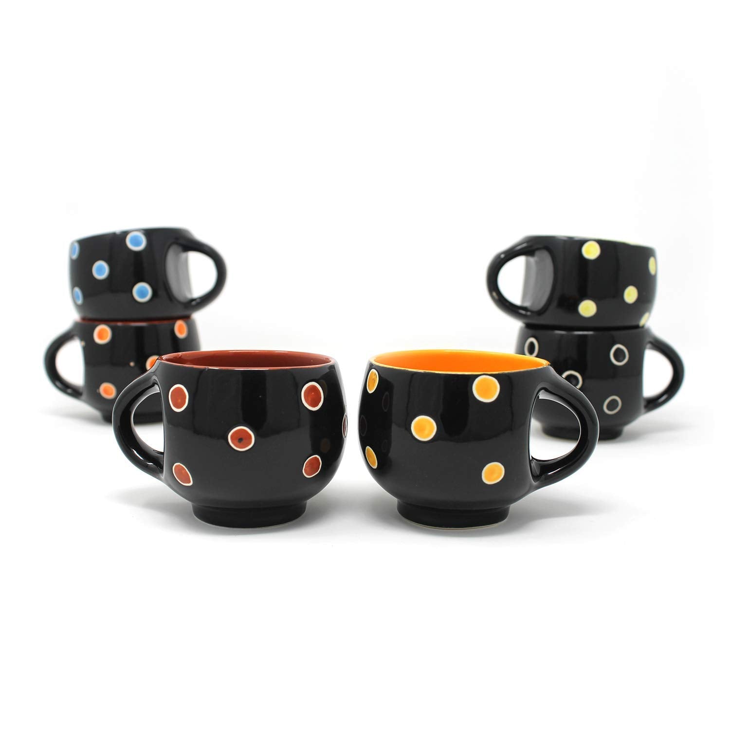 Ambert Stylish Ceramic Handcrafted Black Pari Dot Printed Tea Cup/Coffee Cup Set Ideal Best Gift for Friends, Family, Home, Office use, Kitchen Cup Set of 6pcs