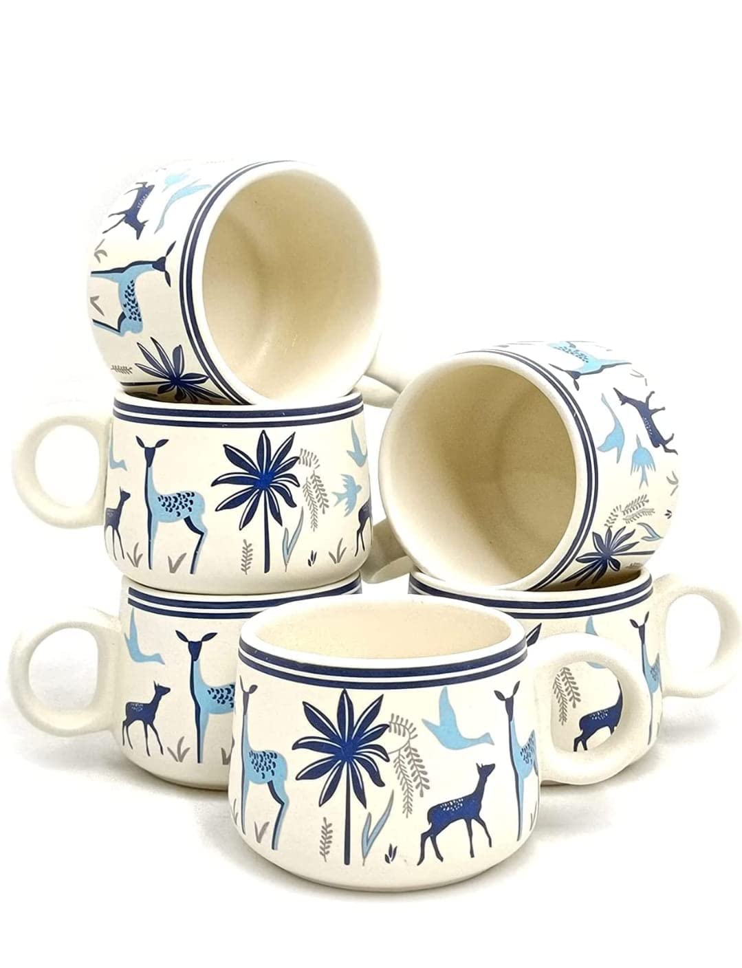 Ambert Coffee & Tea Cups with Modern Art Work of Alive Deer and Floral Print, Set of 6 Pcs White, 150ML