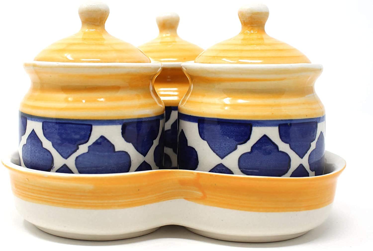 Ambert Ceramic Jar With Tray Set of 3Pcs Hand Made Ceramic Pickle Jar Multicolor