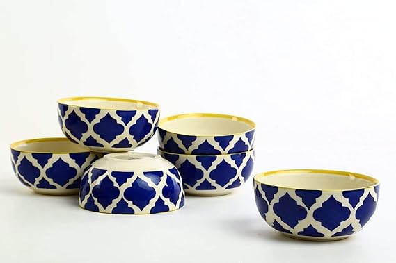 Ambert Ceramic Hand Painted Dessert Bowls - 200ml, Pack of 6 Pieces, Blue Chidi