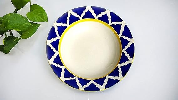 Ambert Ceramic Stoneware Hand-Painted Serving Deep Pasta Plate, Soup Plate, Maggi Plate, Snack Plate 9 Inches with Blue Umarov Pattern Microwave Safe, Oven Safe Set of 6