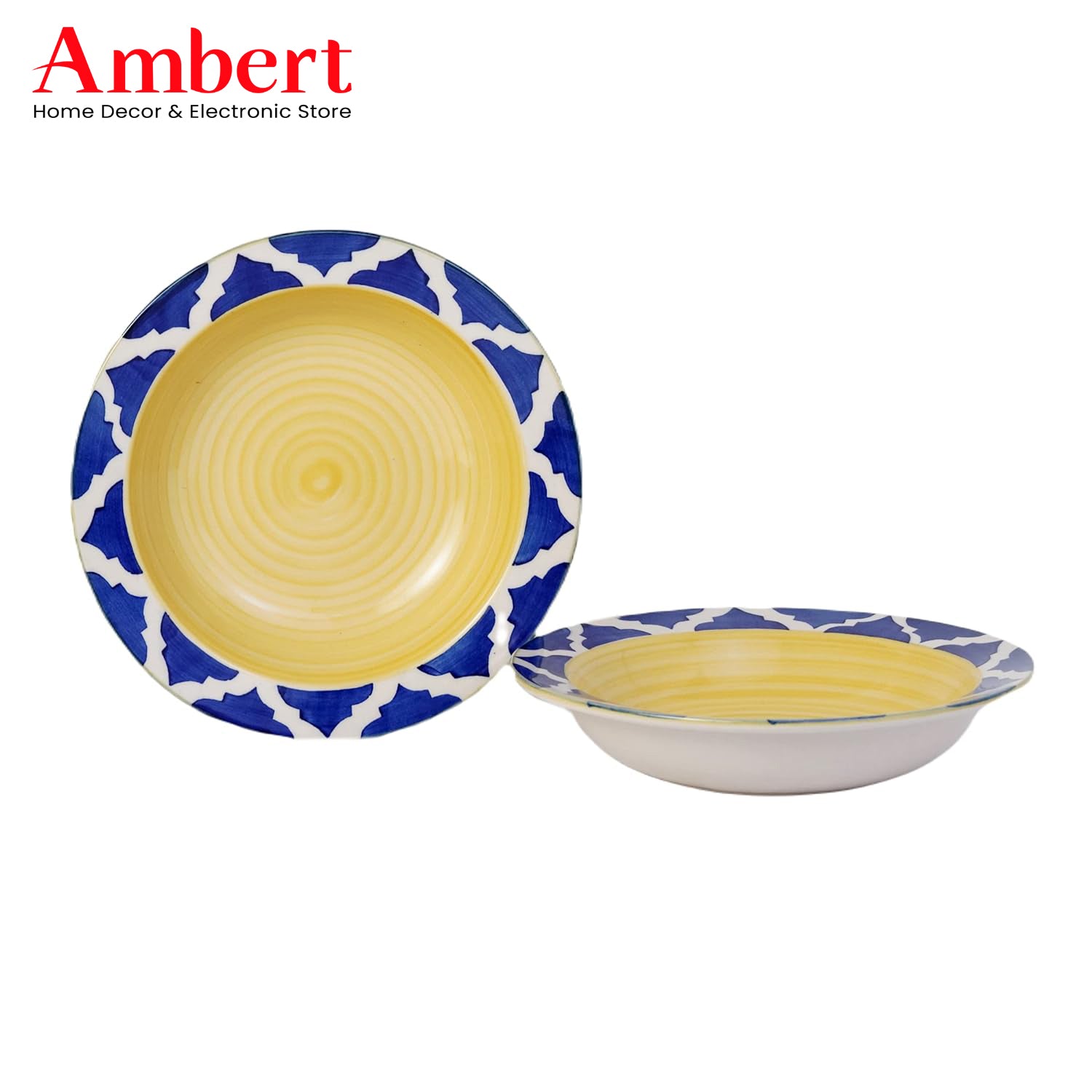 Ambert Ceramic Soup/Maggi/Pasta & Macaroni Plate 7 Inches in Blue & White Color Umarov Pattern Deep Pasta Plate Nodules Plate Pack of 2