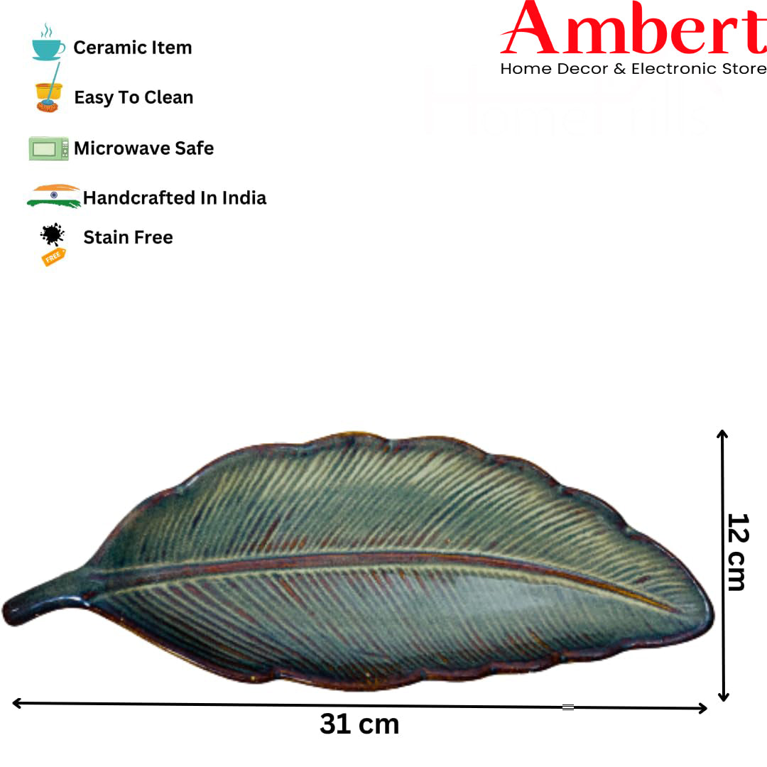 Ambert Green Leaf Shaped Ceramic Platter, Party Snacks Platter, Serving Plate, Kitchen & Table Top Snack Serving Platter, Microwave Safe and Dishwasher Safe, Set of -1)