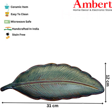 Ambert Green Leaf Shaped Ceramic Platter, Microwave & Dishwasher Safe, 1 Pack