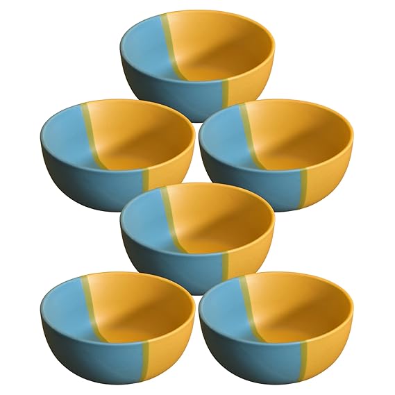 Ambert Ceramic Hand Painted Dessert Bowls - 200 ml, Pack of 6 Pieces, Yellow Blue