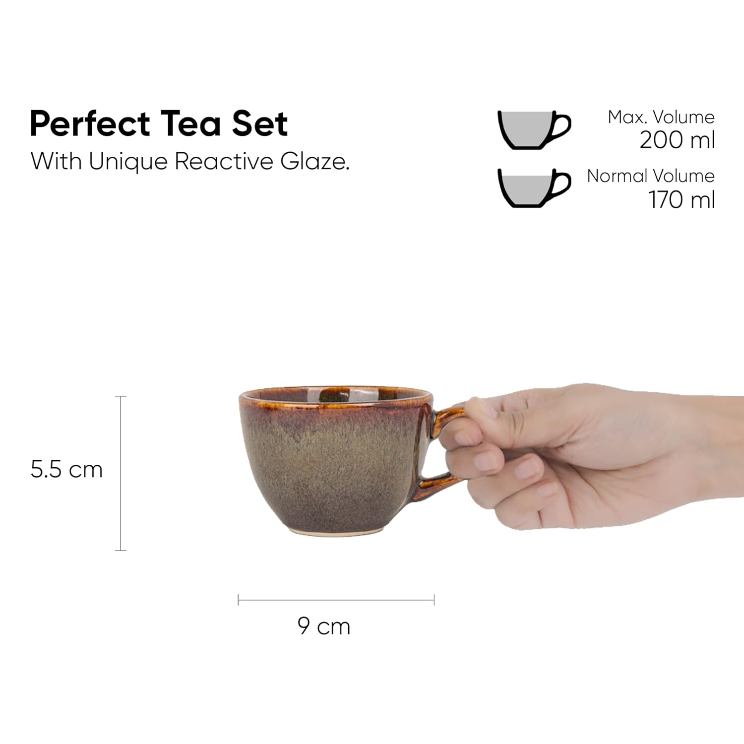 Ambert Ceramic Cup and Saucer Set of 6, 200ml Glossy Finish | Tea Set Ceramic