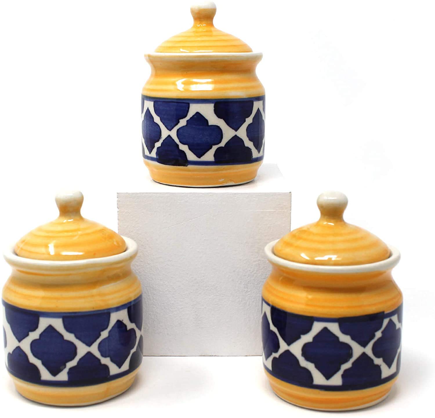 Ambert Ceramic Jar With Tray Set of 3Pcs Hand Made Ceramic Pickle Jar Multicolor