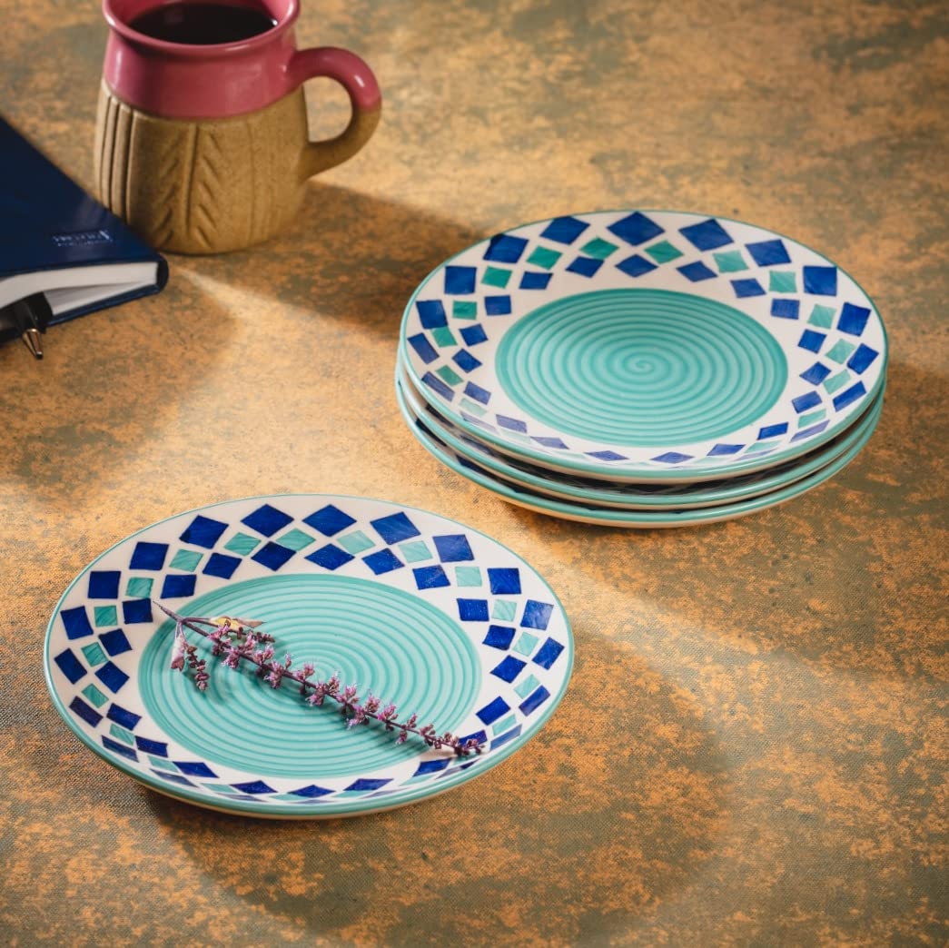 Ambert Ceramic Serving Designer Dinner Quarter Plates, Microwave and Dishwasher Safe, 7 Inch Sea green, Pack of 4