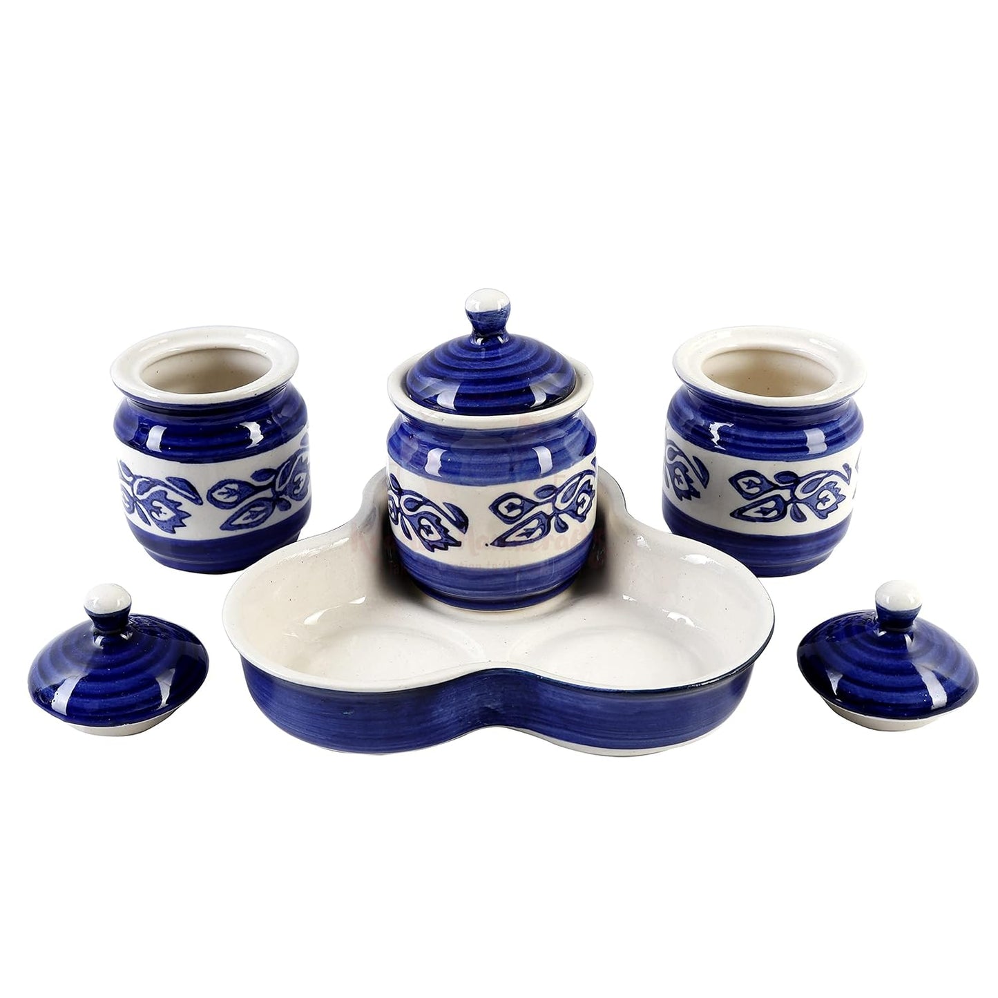 Ambert Ceramic Jar With Tray Set of 3Pcs Hand Made Ceramic Pickle Jar Multicolor
