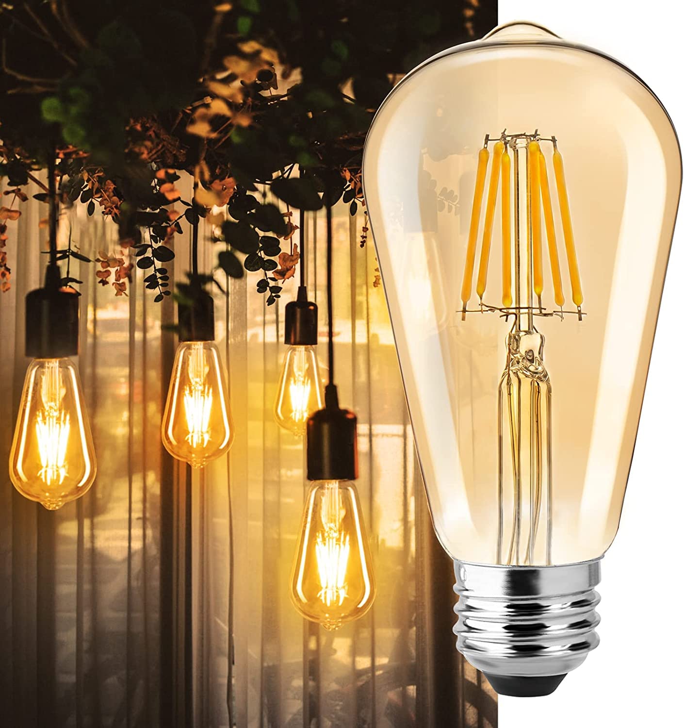 ST64 4W E27 E26 Base Led Filament Bulbs Edison Antique Bulb Amber Color Pack of 2