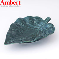 Ambert Green Ceramic Leaf Shaped Snacks Serving Tray, Microwave & Dishwasher Safe