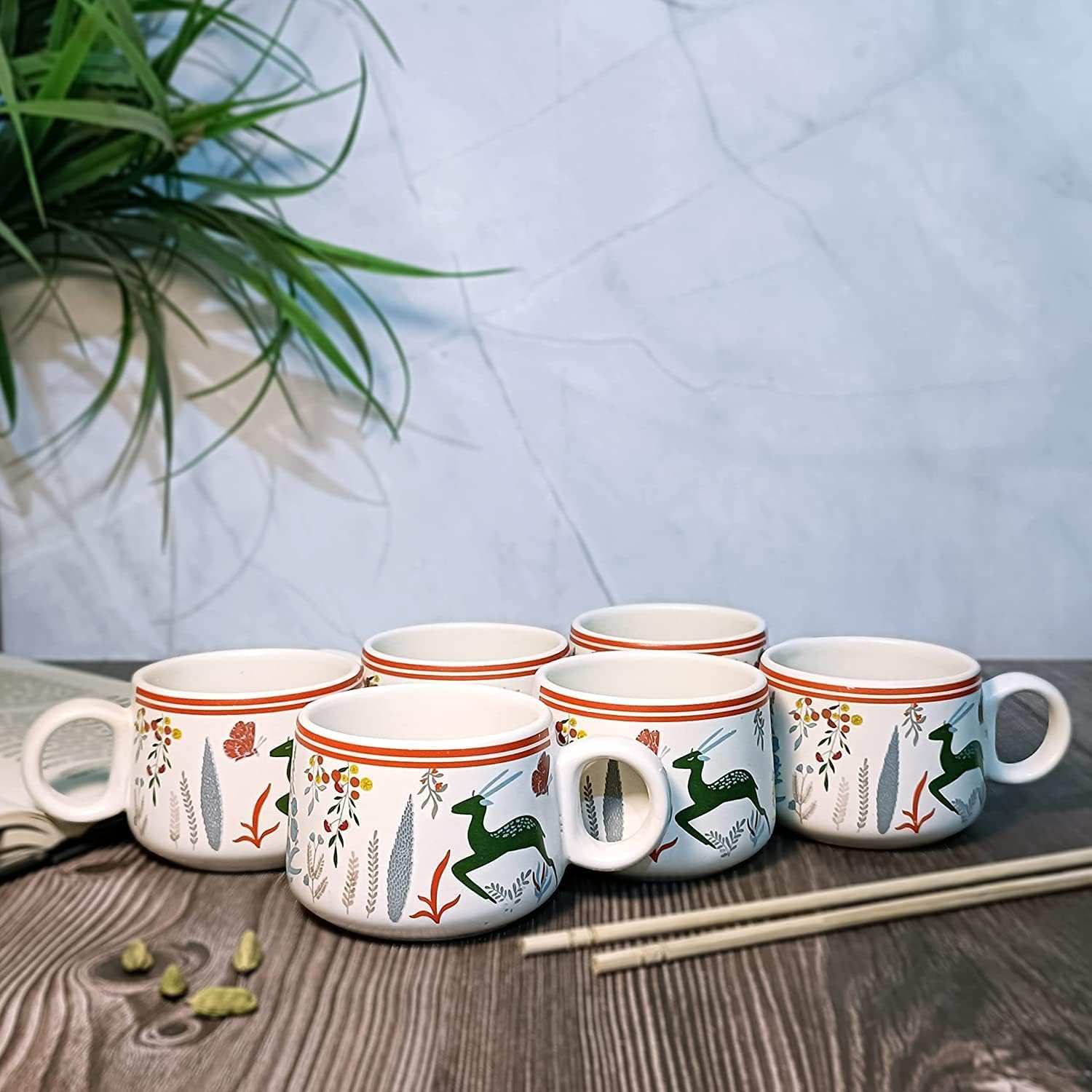 Ambert Coffee & Tea Cups with Modern Art Work of Alive Deer and Floral Print, Set of 6 Pcs White, 150ML