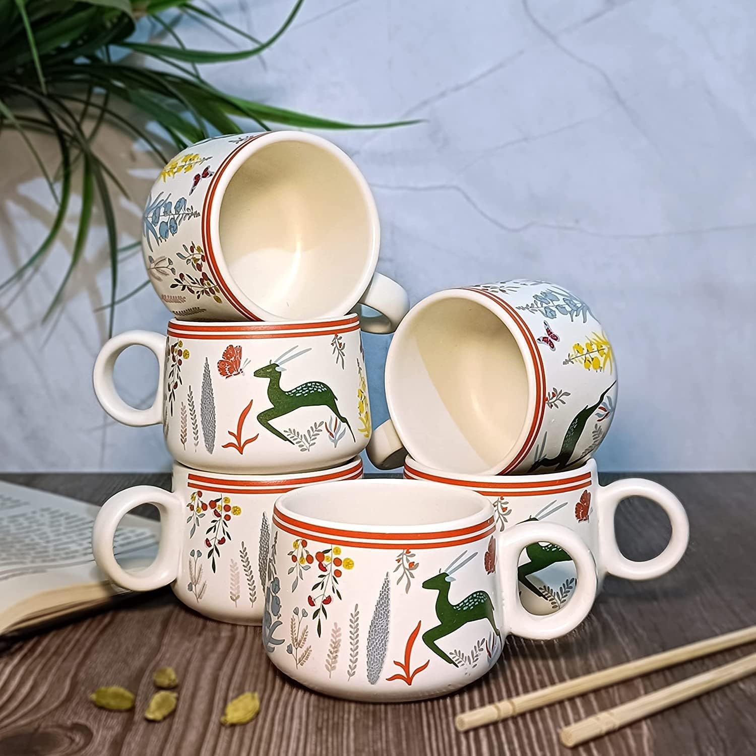 Ambert Coffee & Tea Cups with Modern Art Work of Alive Deer and Floral Print, Set of 6 Pcs White, 150ML