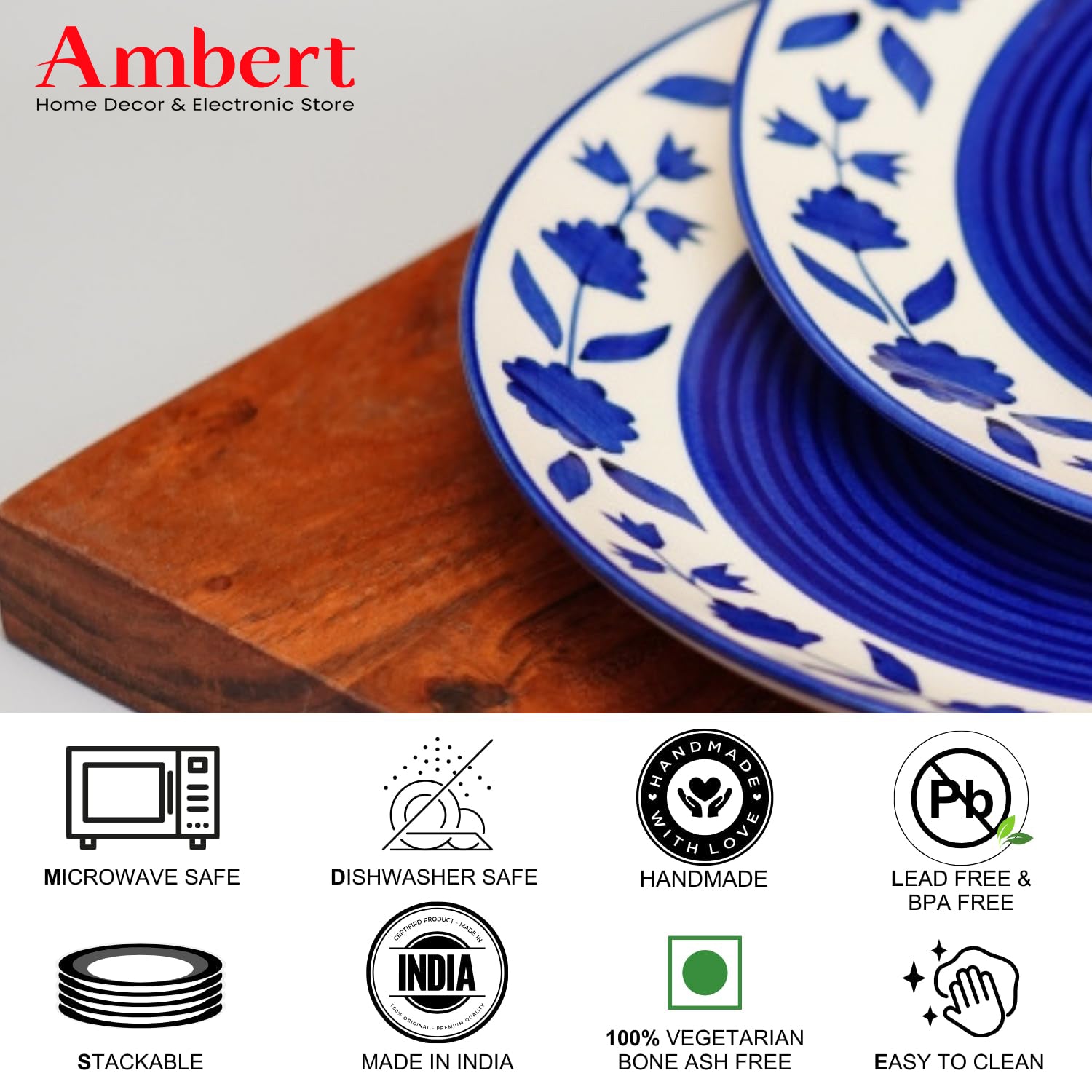 Ambert Floral Pattern Ceramic Quarter/Small Plates 7 Inch, Microwave & Dishwasher Safe - Blue Pack of 6