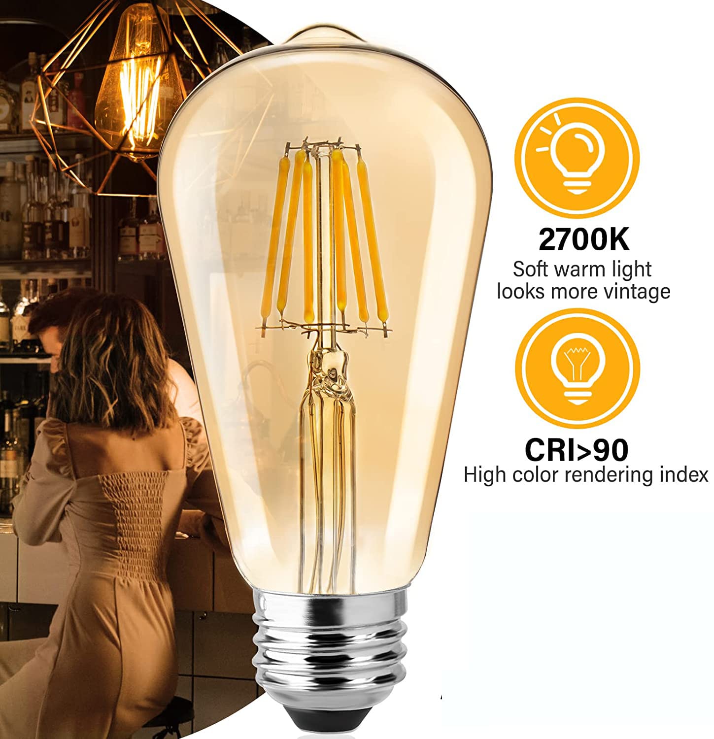 ST64 4W E27 E26 Base Led Filament Bulbs Edison Antique Bulb Amber Color Pack of 2