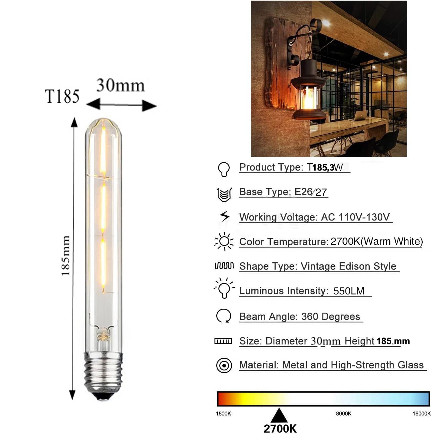 Amber Color T185 Led Long Bulbs, Dimmable Tubular Bulb 3W |