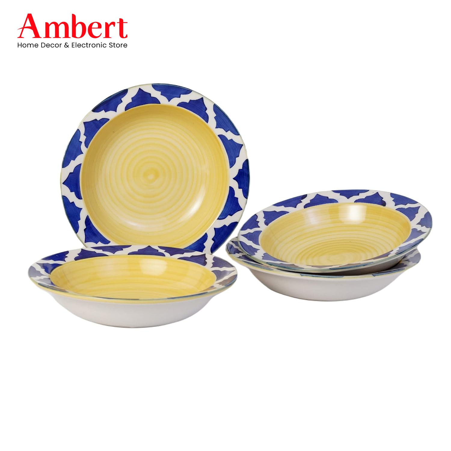 Ambert Ceramic Soup/Maggi/Pasta & Macaroni Plate 7 Inches in Blue & White Color Umarov Pattern Deep Pasta Plate Nodules Plate Pack of 4