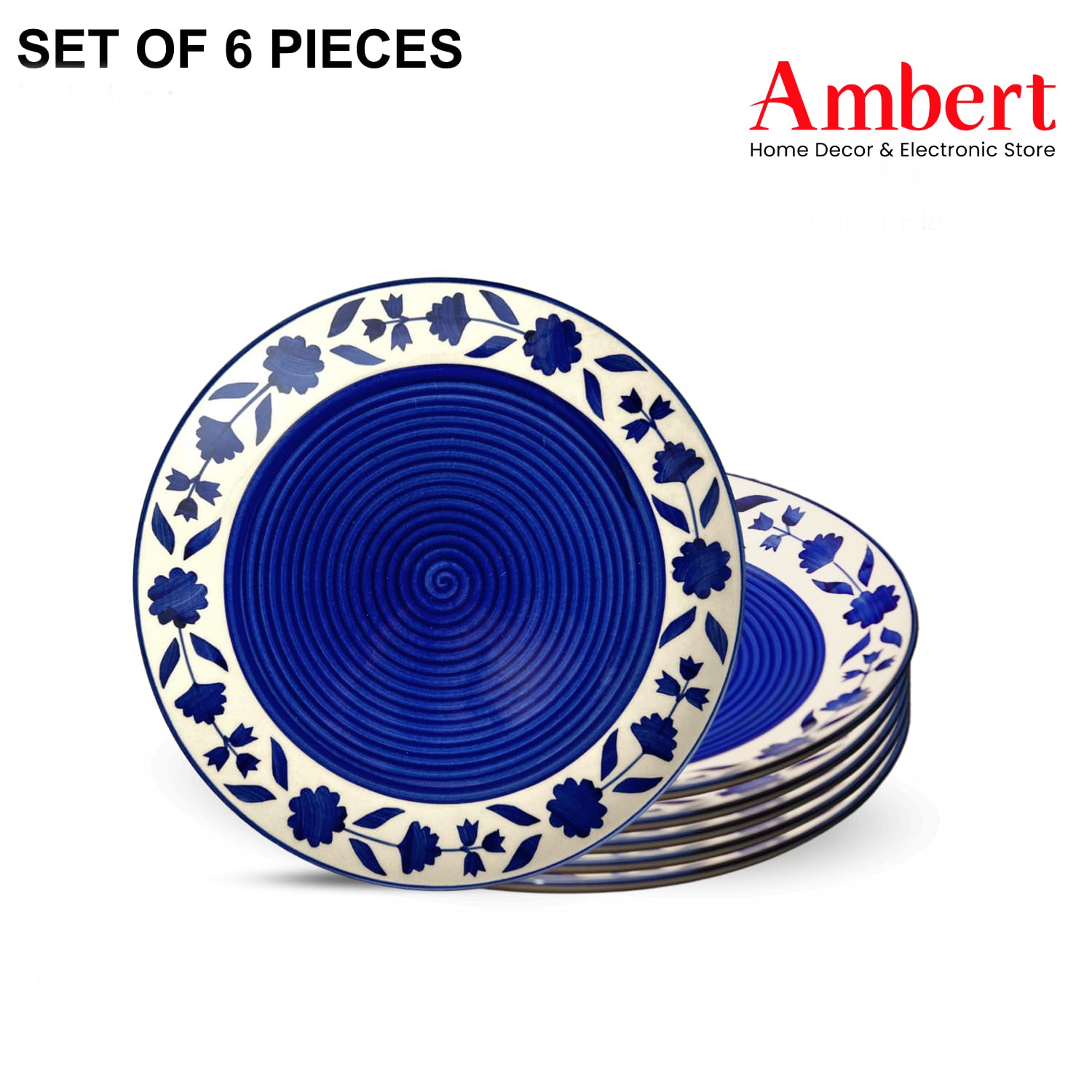 Ambert Floral Pattern Ceramic Quarter/Small Plates 7 Inch, Microwave & Dishwasher Safe - Blue Pack of 6