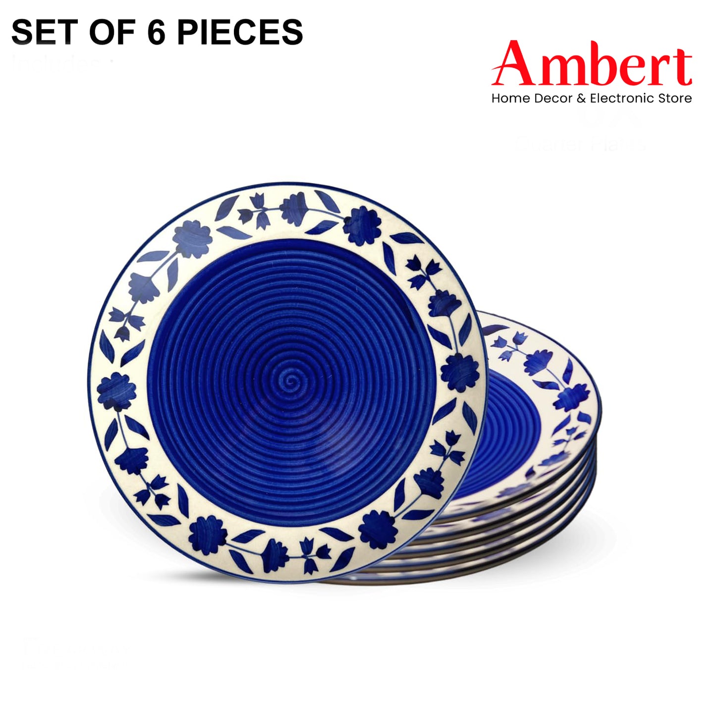 Ambert Floral Pattern Ceramic 7-Inch Plates, Set of 6, Microwave & Dishwasher Safe