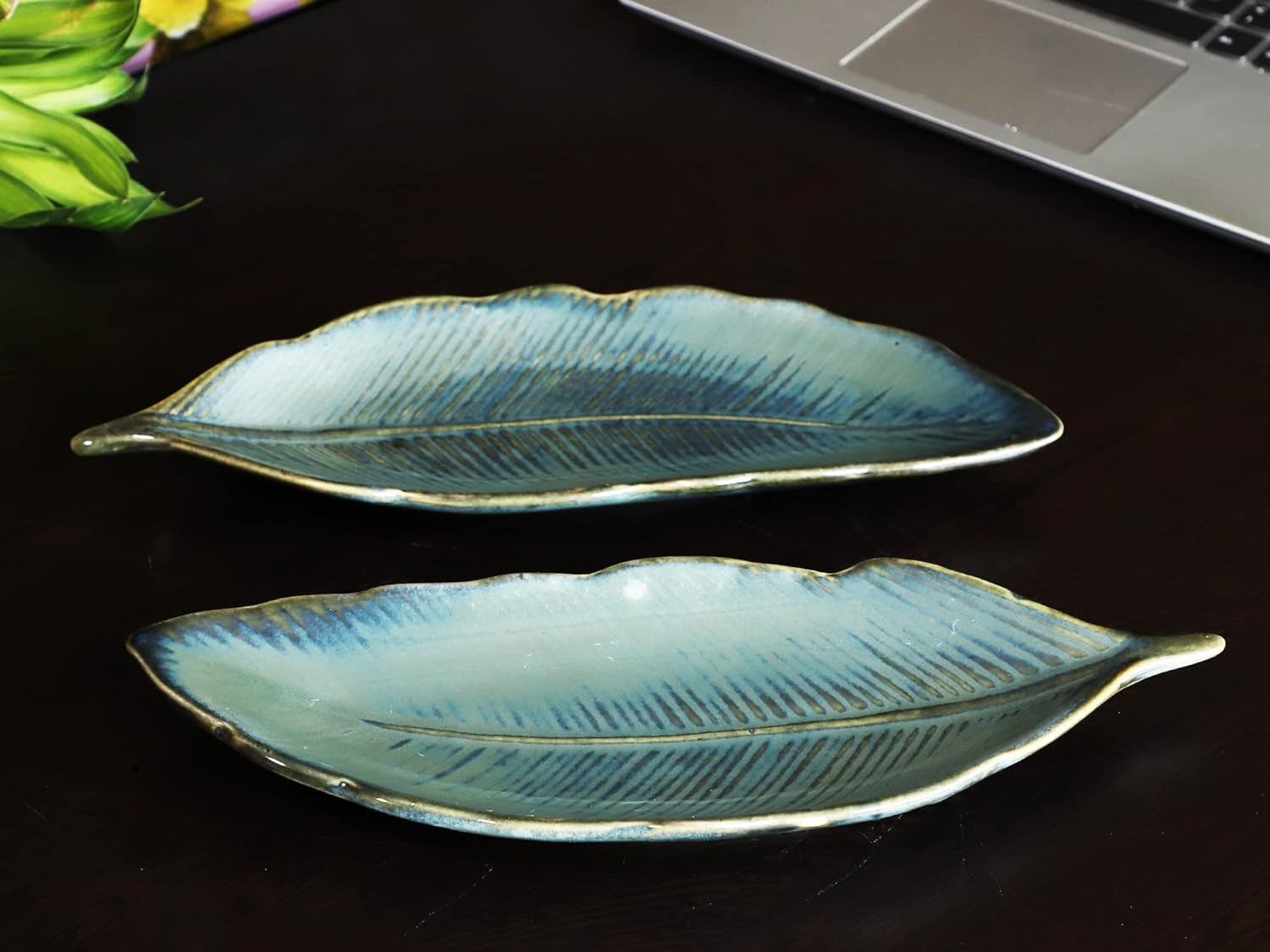 Ambert Sky Blue Color, Large Size 15 Inch, Microwave & Dishwasher Safe, Ceramic Serving Platter Leaf Shape Pack of 2