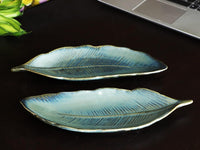 Ambert Sky Blue 15-Inch Ceramic Leaf Platter Set of 2, Microwave & Dishwasher Safe