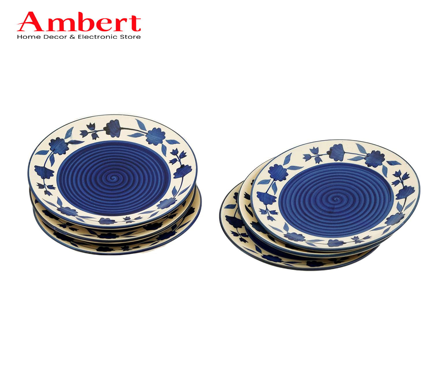 Ambert Floral Pattern Ceramic Quarter/Small Plates 7 Inch, Microwave & Dishwasher Safe - Blue Pack of 6