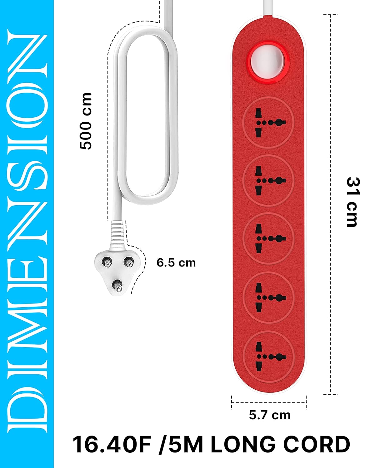 Ambert 5 Meter 16.4 Feet Long Switch Board Extension, Pack 1 Extension Boards with Switch, Extension Board with Long Wire, Extension Board for Computer, Surge Protectors Spike Buster, Switch Board Red