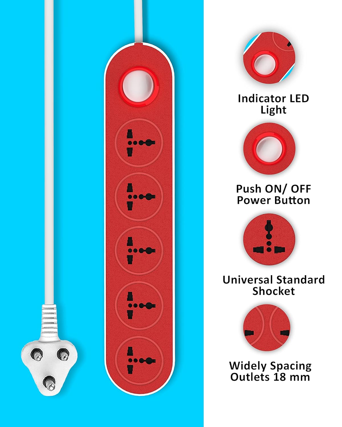 Ambert 5 Meter 16.4 Feet Long Switch Board Extension, Pack 1 Extension Boards with Switch, Extension Board with Long Wire, Extension Board for Computer, Surge Protectors Spike Buster, Switch Board Red