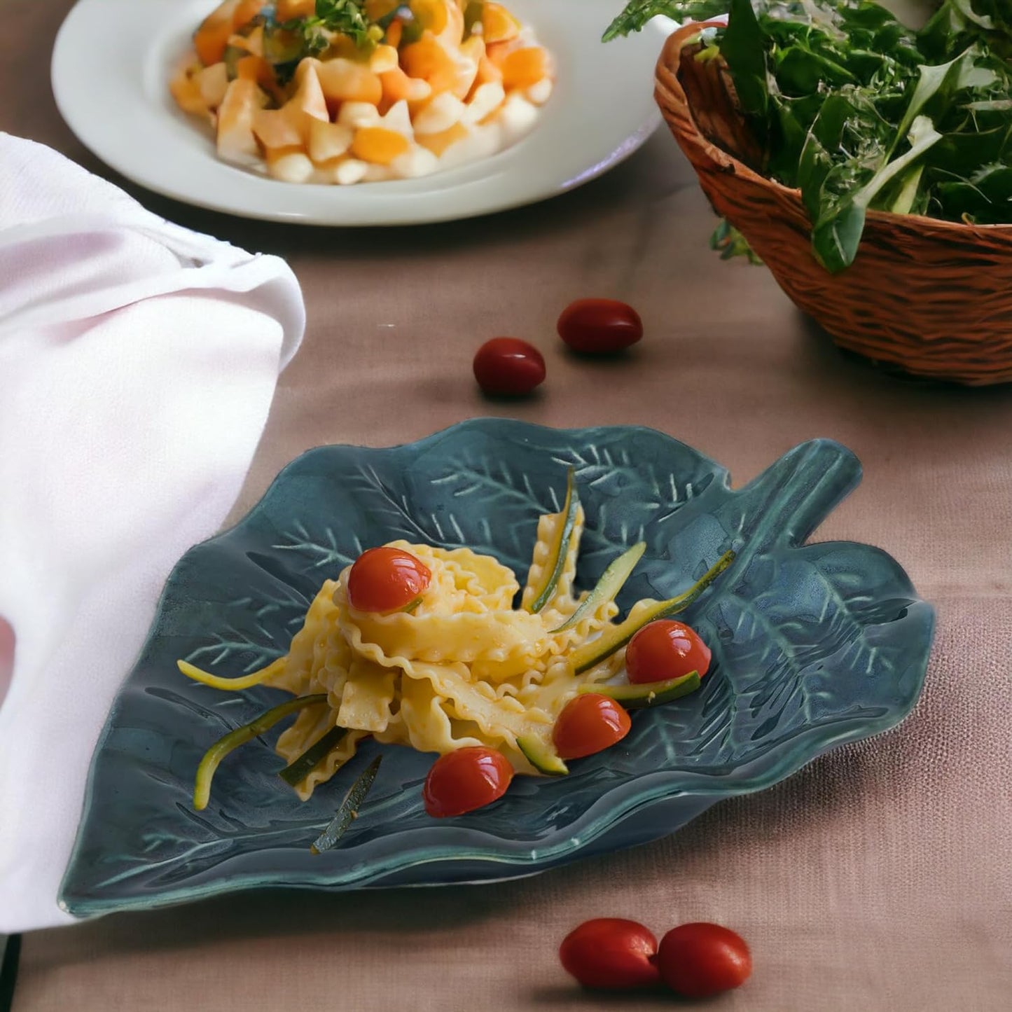 Ambert Green Ceramic Leaf Shaped Snacks Serving Tray, Microwave & Dishwasher Safe