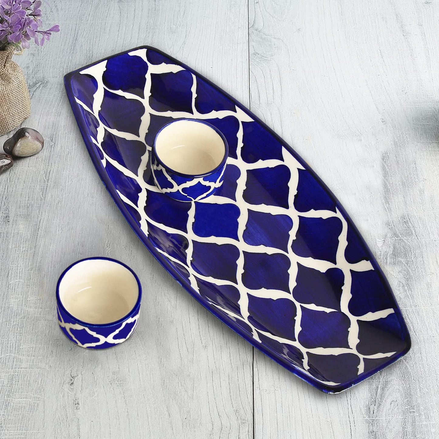 Ambert Hand-Painted Ceramic Serving Platter with 2 Dip Bowls, Kebab Platter