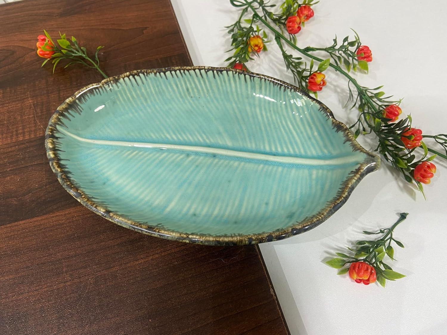 Ambert Ceramic Serving Platter Plates Tray Leaf Shape for Snacks, Starter, Salad, Pasta Tray, Heavy Quality Ceramic Serving Platters Perfect for Modern Kitchen- Emerald Color Pack Of 1