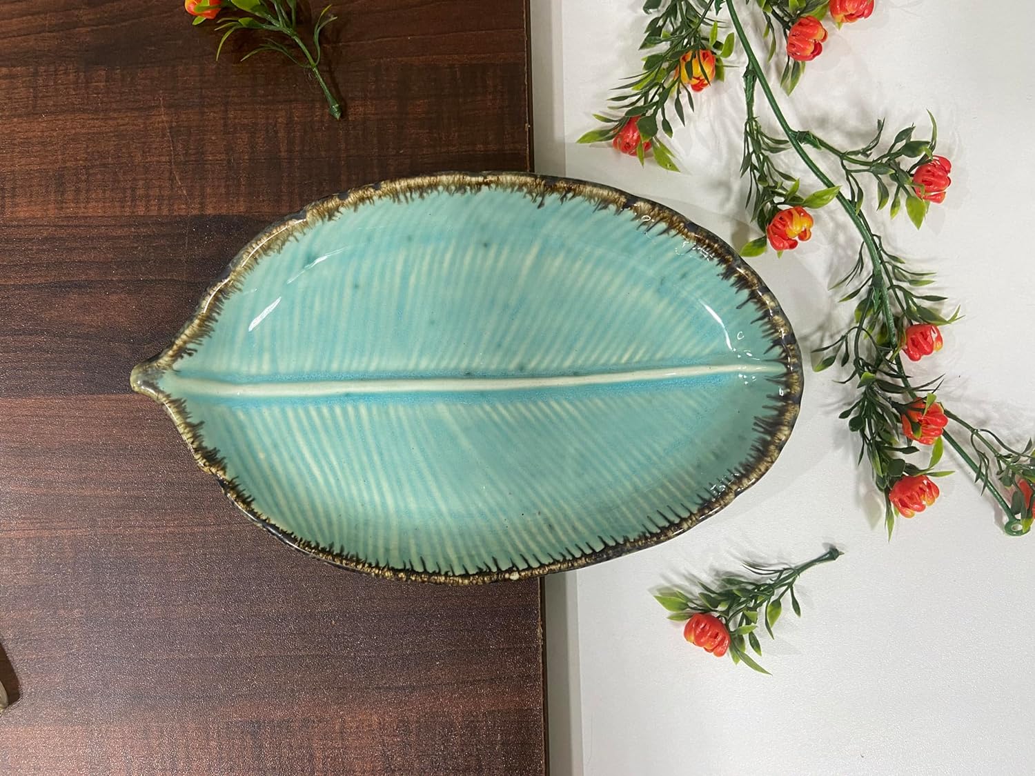 Ambert Ceramic Serving Platter Plates Tray Leaf Shape for Snacks, Starter, Salad, Pasta Tray, Heavy Quality Ceramic Serving Platters Perfect for Modern Kitchen- Emerald Color Pack Of 1