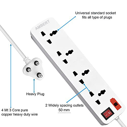 Ambert 4 Meter 13 Feet Long Switch Board Extension,Extension Boards with Switch,Extension Cords,Extension Board with Long Wire,Extension Board for Computer, Surge Protectors Spike Buster, Switch Board