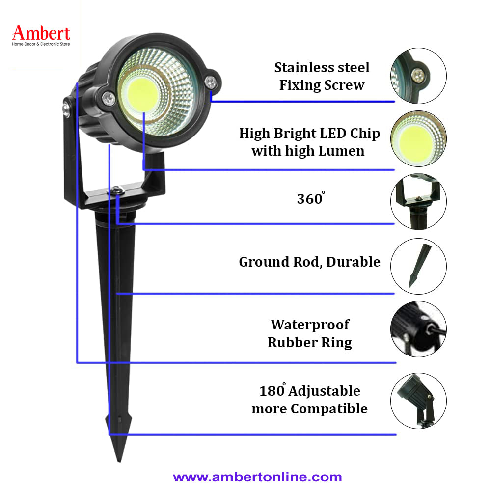 Ambert 5 Watt LED Waterproof Garden Light, 3000K Outdoor Spotlight with Spike Stand,IP65, Aluminum Body, Set of 1 (Warm White).