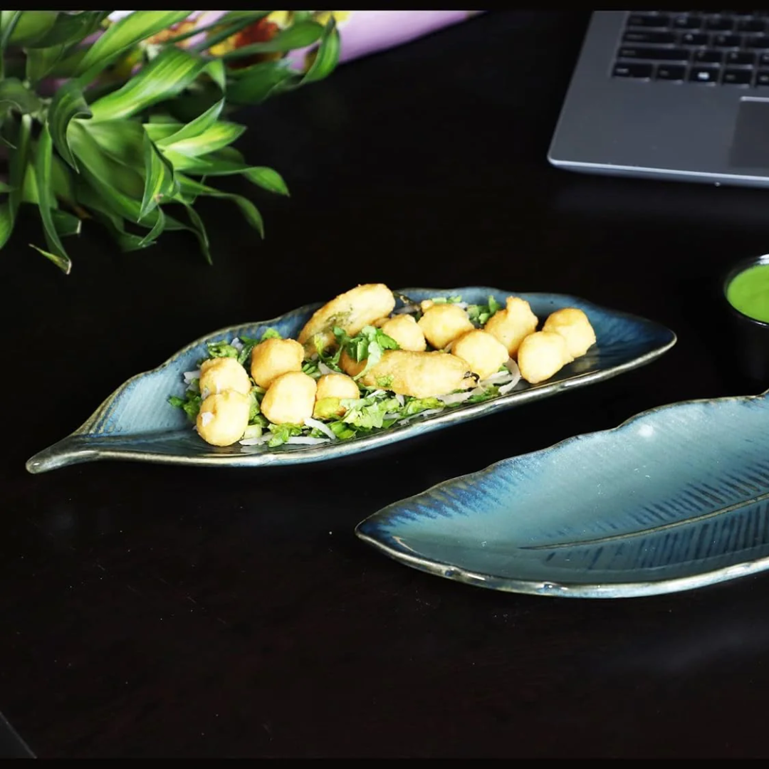 Ambert Sky Blue 15-Inch Ceramic Leaf Platter Set of 2, Microwave & Dishwasher Safe