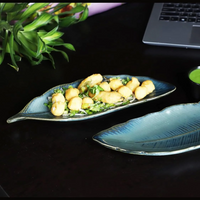 Ambert Sky Blue 15-Inch Ceramic Leaf Platter Set of 2, Microwave & Dishwasher Safe