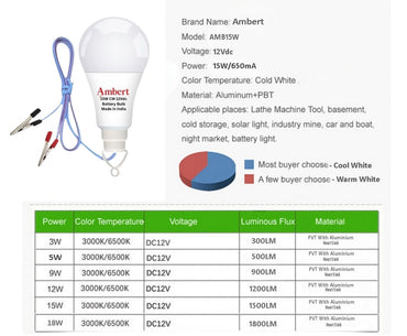 Ambert 15W 12V DC Solar Led Bulb Pack of-1